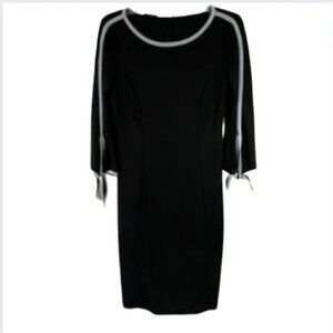 TALBOTS Black with White Trim 3/4 Sleeve Midi Dress with Tie Sleeves, S